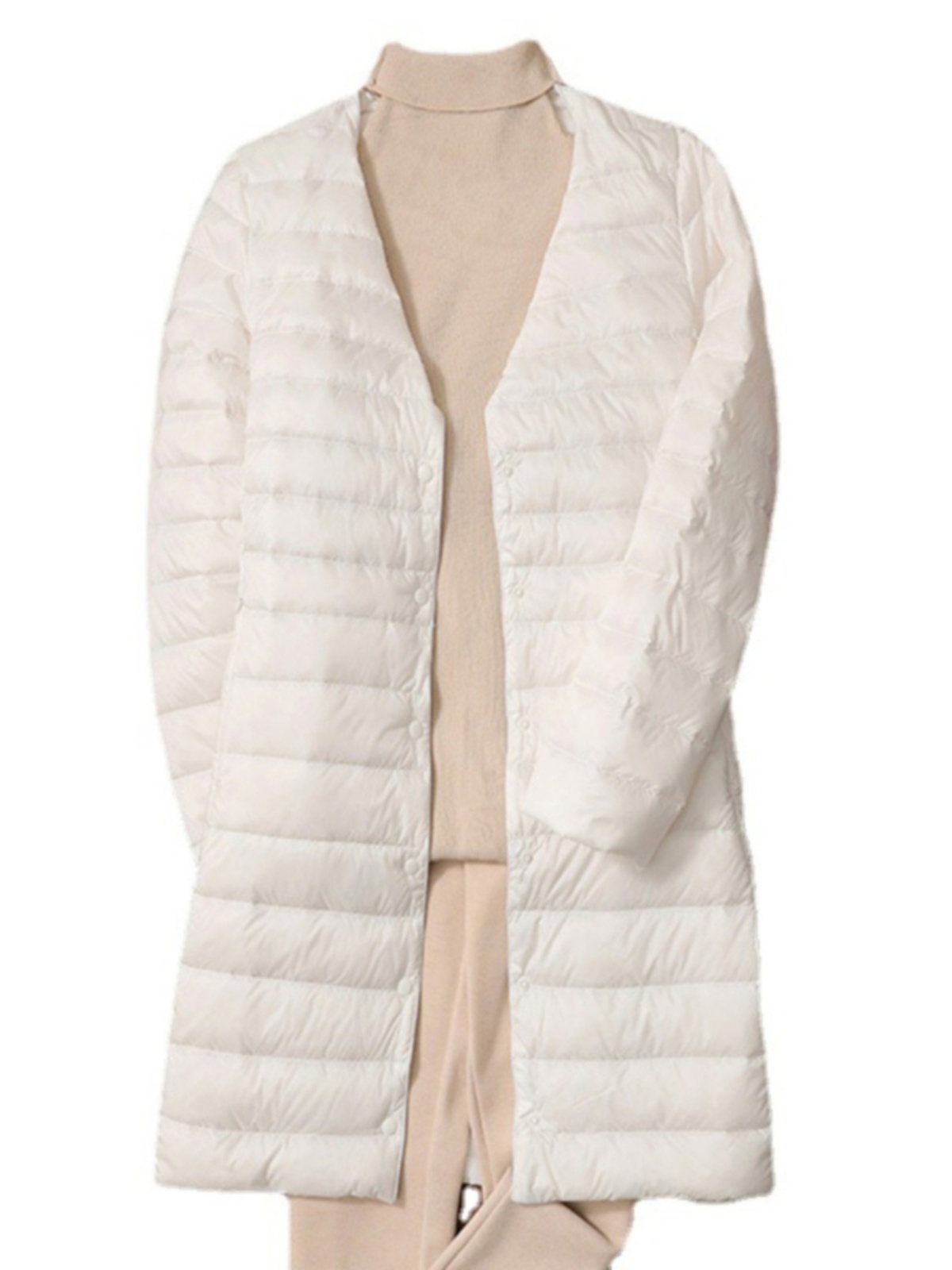 优u衣 秋冬新款轻薄中长款羽绒服女时尚修身内搭圆领大衣v领外套