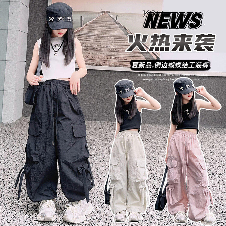 女童工装裤速干夏季薄款2026新款儿童裤子大童女孩甜酷蝴蝶结童装图片