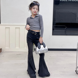 女童黑色复古喇叭裤春秋季2026新款大儿童洋气修身弹力牛仔长裤子