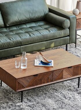 北欧复古风实木雕花抽屉中古英国长方形茶几小户型实木茶桌咖啡桌