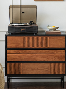 中古实木拼色三斗柜家用茶水碗柜设计师黑色橡木复古餐边柜储物柜