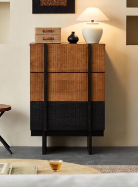 北欧实木六八斗柜餐边柜客厅中古拼色茶水柜置物柜卧室收纳储物柜