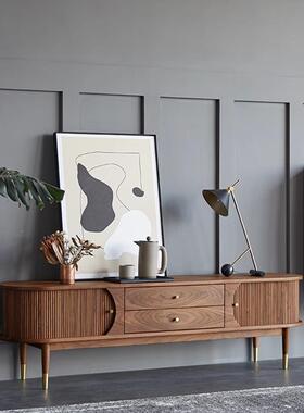 黑胡桃木色实木电视柜北欧中古风简约现代轻奢风琴门设计师影视柜