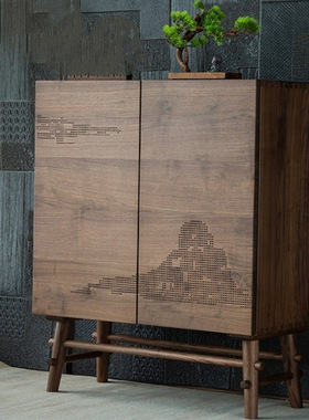 北美黑胡桃木餐边柜客厅收纳实木酒水柜中古风边柜玄关柜山水茶柜