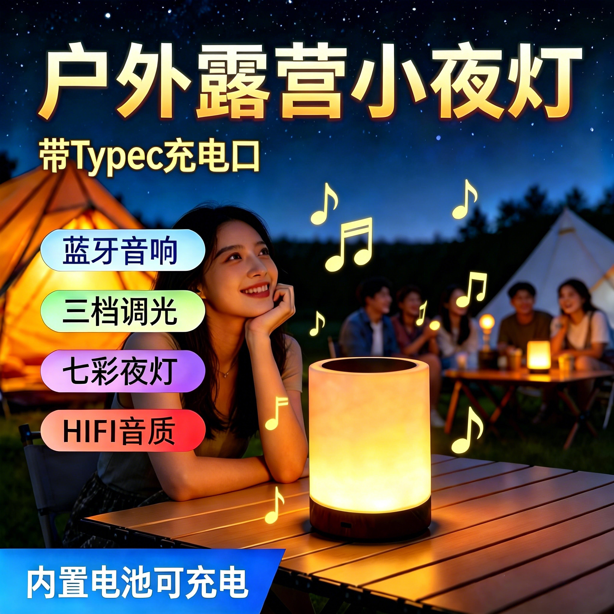 户外露营小夜灯氛围灯蓝牙音响创意浪漫卧室睡眠充电式音乐台灯