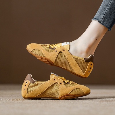 西班牙小众品牌ONGYSL网面透气休闲德训鞋子女薄底真皮运动小白鞋