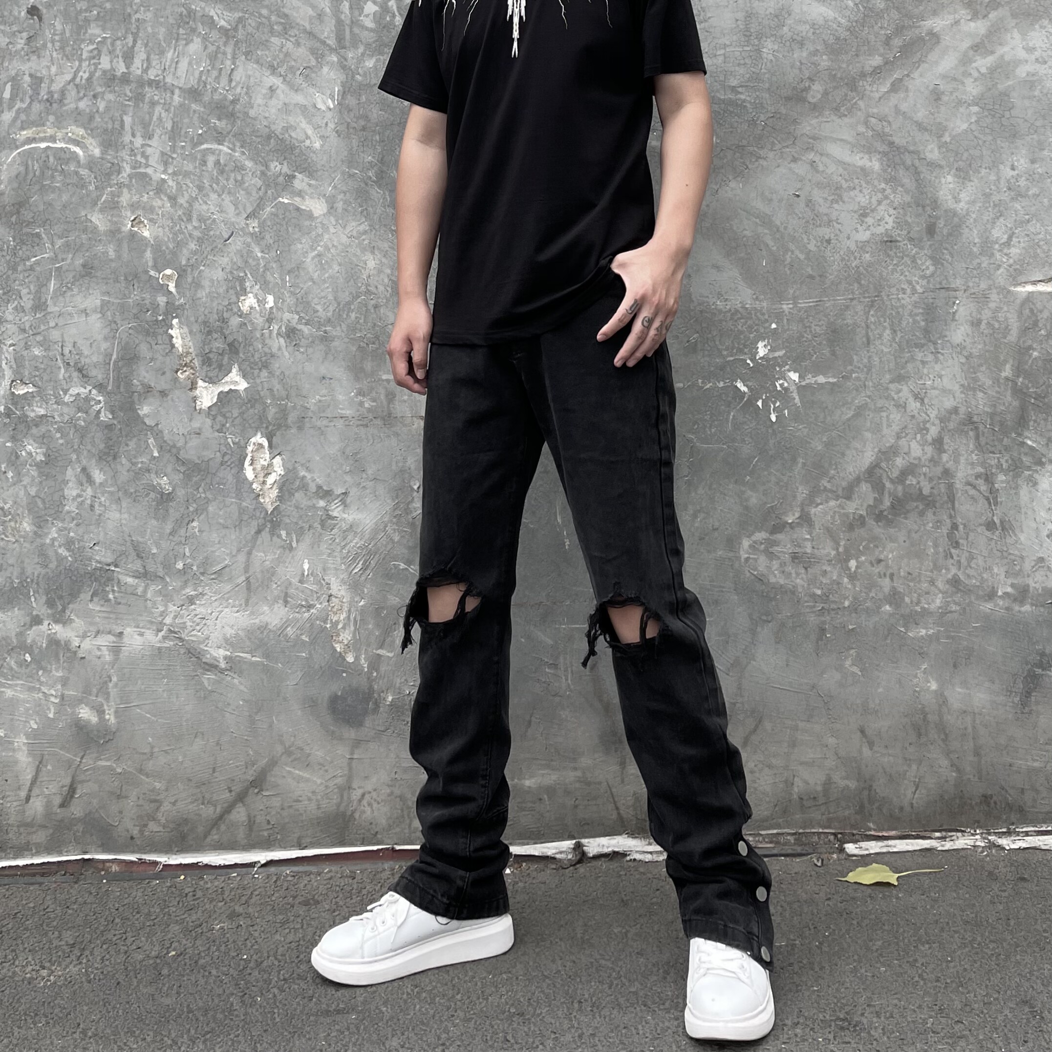 fog高街复古水洗膝盖破洞牛仔裤男排扣黑色潮牌开叉修身乞丐长裤