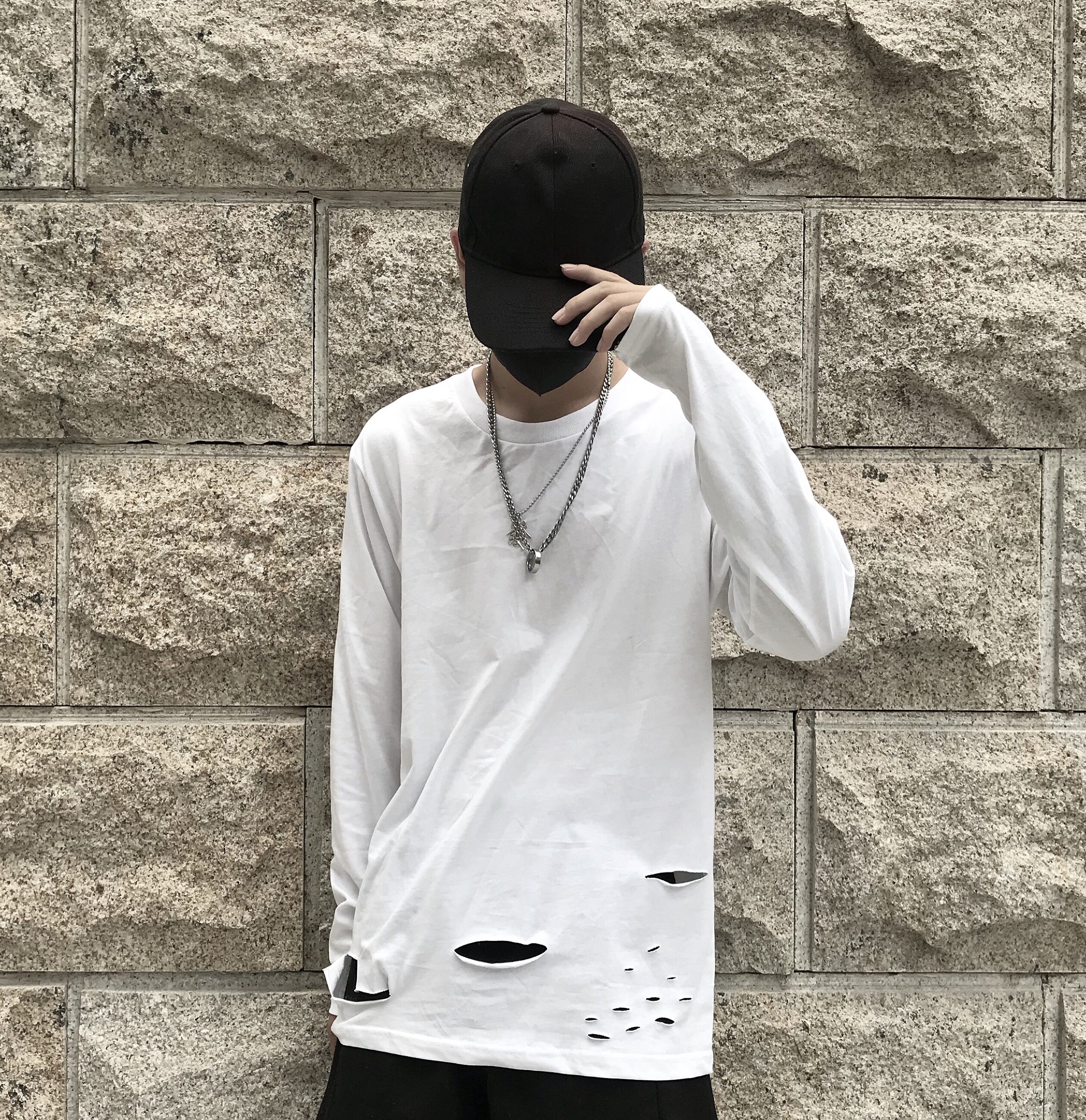 spnnx手工高街潮牌下摆刀割破洞丧系长袖白色打底衫宽松男四季t恤