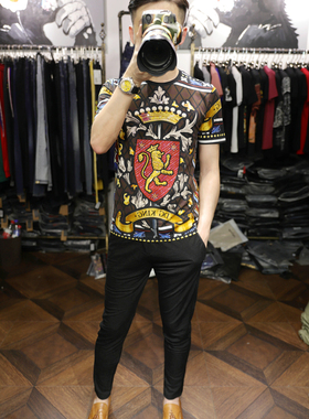 花色时尚夏季优质丝光棉前后数码战旗印花烫钻圆领修身短袖T恤男