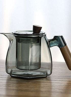 玻璃泡茶壶耐高温茶水分离过滤煮茶器600ml灰色日式极简高级茶具