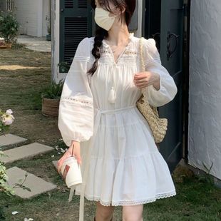 中长袖连衣裙女夏装春秋小个子镂空蕾丝拼接衬衫裙子云南旅游穿搭