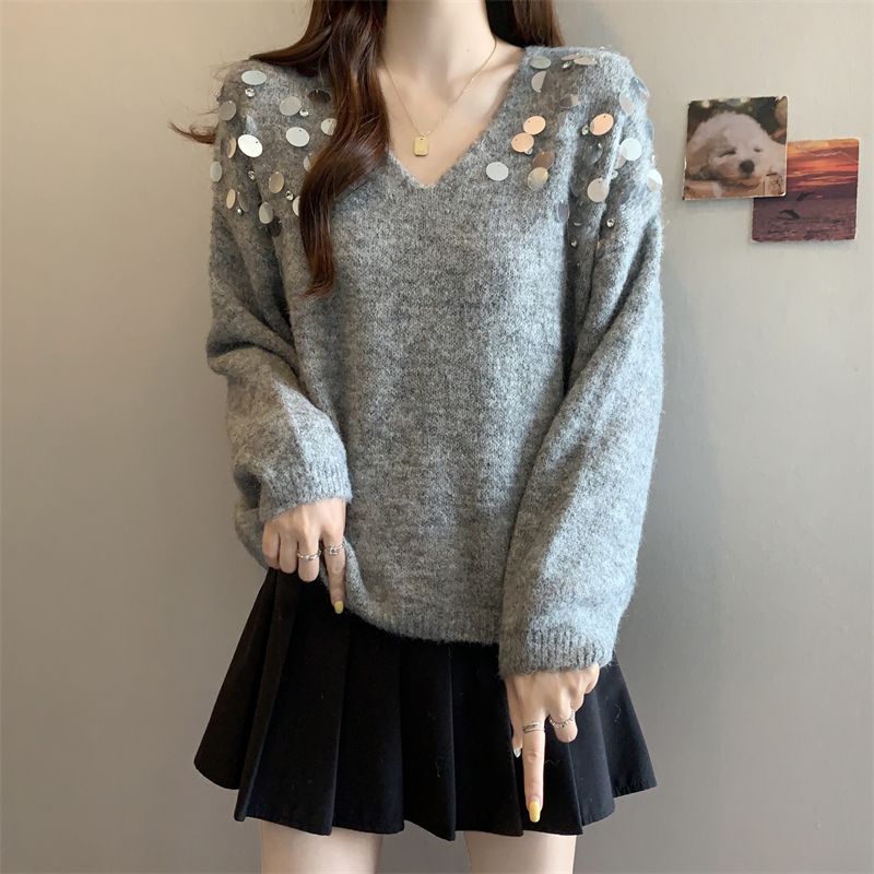 气质V领毛衣女外穿搭配百褶裙