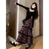法式 穿搭T恤蛋糕长裙两件套装 格子连衣裙子女秋冬季 小个子香风装