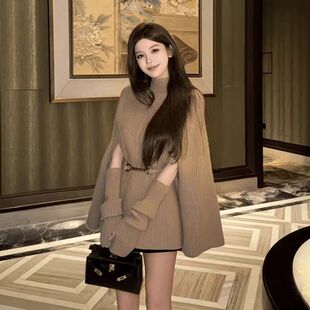 法式半高领套头斗篷毛衣女秋冬韩系穿搭宽松慵懒风不规则针织上衣