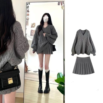 百褶裙两件套2025秋冬搭配聚脂