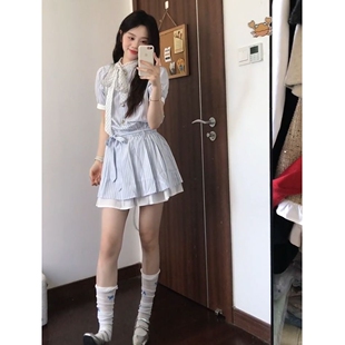 韩系学院风条纹衬衫 2025绑带miu系收腰小个子短裙 连衣裙子女夏季