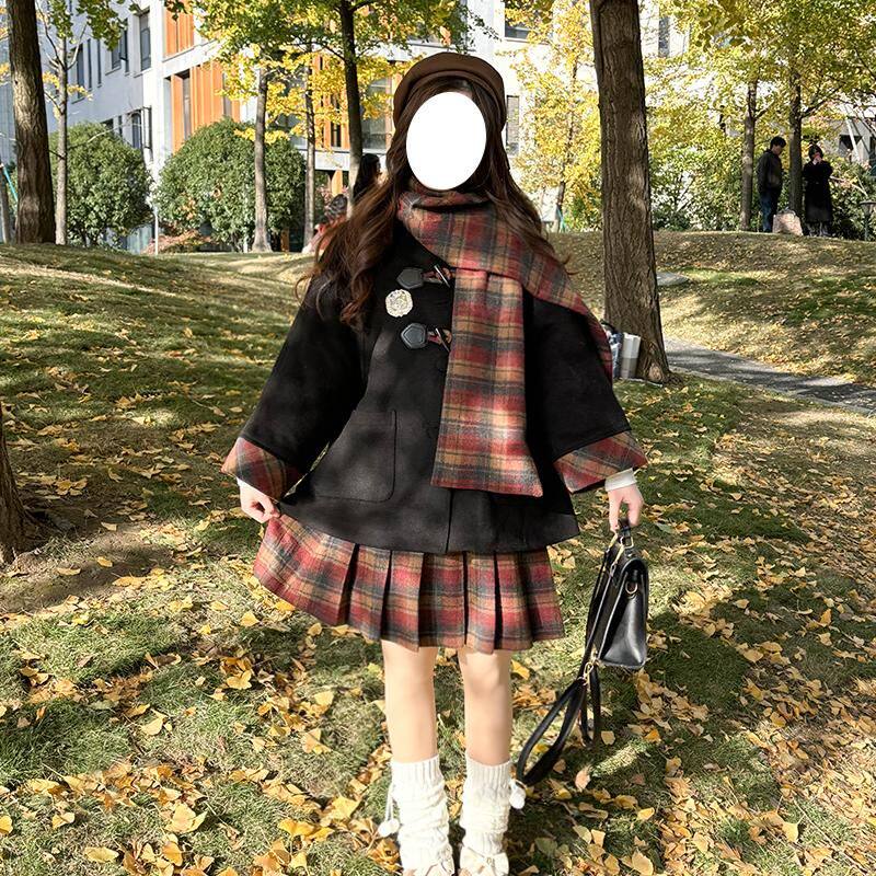 英伦风2005格纹百褶裙围巾套装