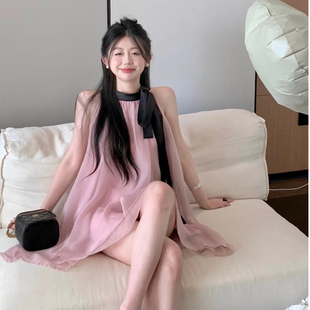 气质粉色短裙吊带挂脖连衣裙女夏娃娃裙海边度假仙女沙滩长裙 法式