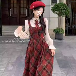 收腰褶皱背带裙两件套装 衬衫 子小个子连衣裙翻领长袖 韩系学院风格