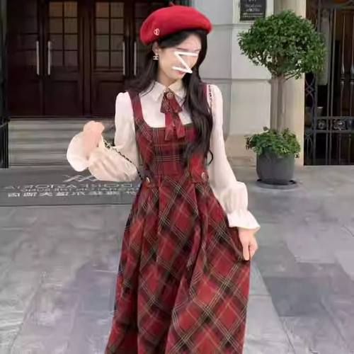 学院风2025格纹蝴蝶结两件套