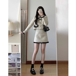 miu系富家千金小香两件套装 秋冬韩系减龄毛呢外套裙子穿搭一整套