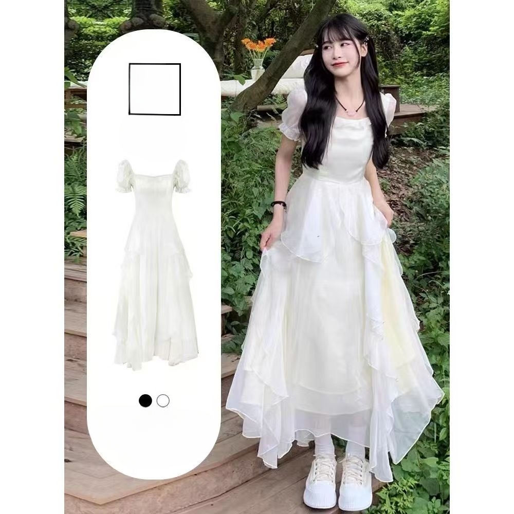 公主风A字裙拼接不规则长裙