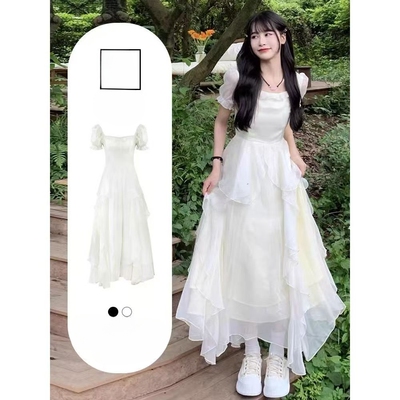 公主风A字裙拼接不规则长裙