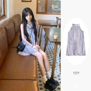 法式小香风碎花背心挂脖连衣裙女夏季轻奢学生小个子无袖娃娃裙子
