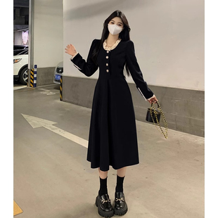 2024春秋复古黑色连衣裙女款赫本风收腰显瘦a字名媛千金高级长裙