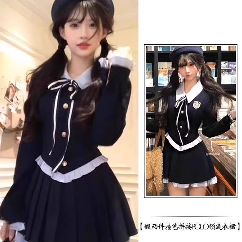 学院风A字裙拼色假两件短裙