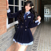 外套两件套装 学院 jk制服polo领拼接短裙假两件百褶连衣裙西装 夏