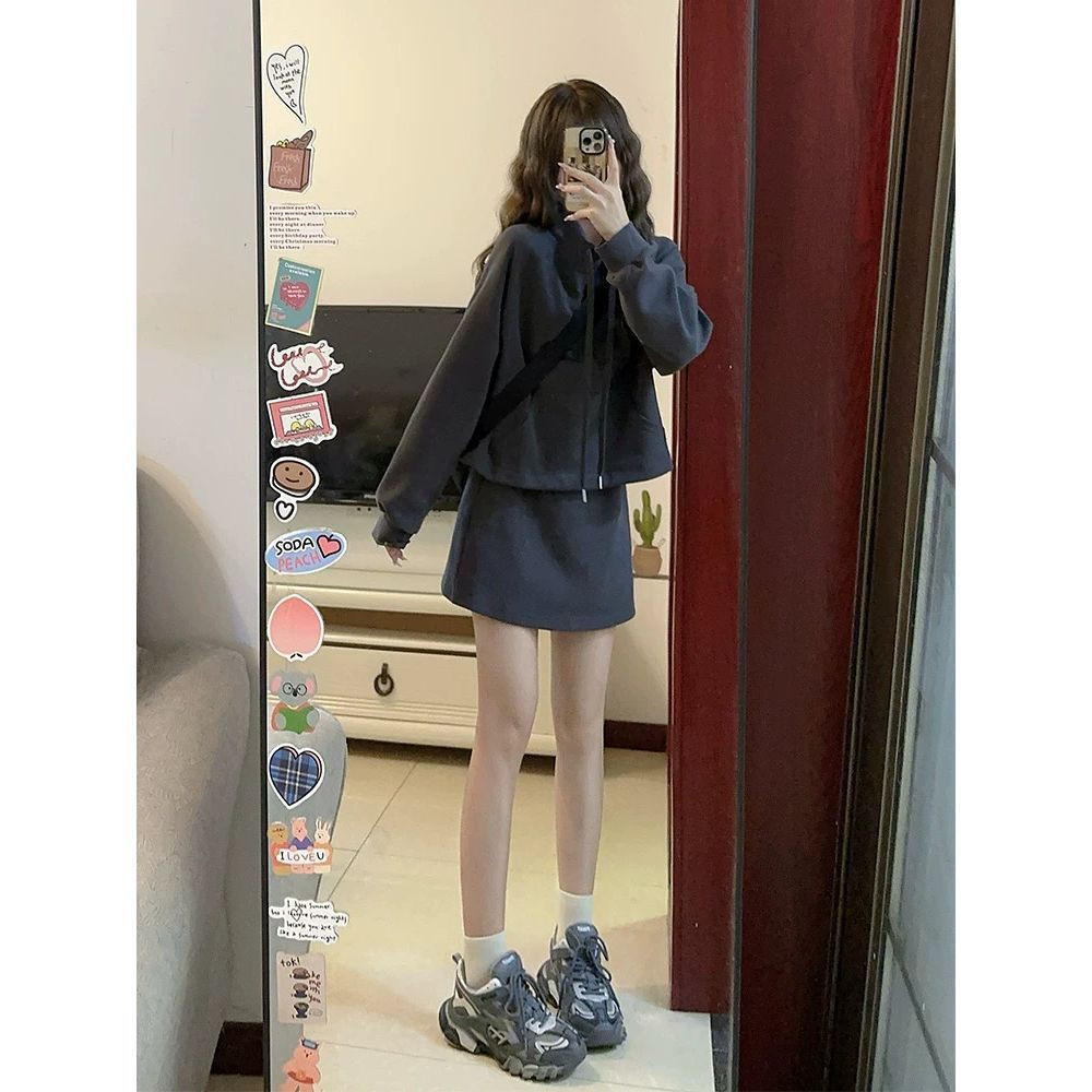 美式复古灰色立领拉链短款卫衣包臀半身裙两件套运动外搭开衫外套,女装/女士精品,时尚套装,淘宝优惠券,粉丝福利购,淘宝优惠卷