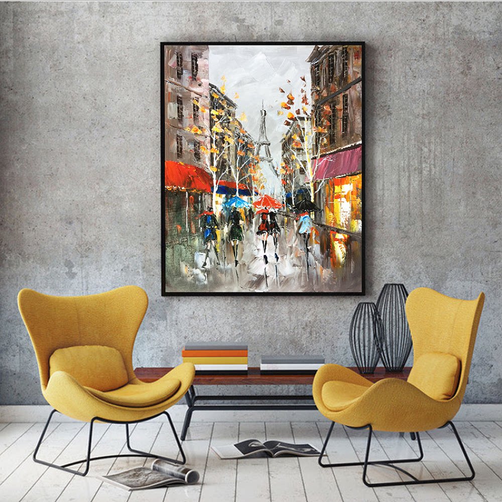 北欧风彩色城市街道巴黎铁塔抽象插画diy数字油画手绘家居装饰画