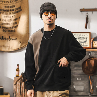 布雷诺美式潮牌380g重磅雪尼尔卫衣男宽松大码拼接撞色潮流上衣男