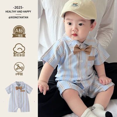 婴儿短袖连体衣夏季学院风薄款新生儿哈衣男女宝宝绅士衣服爬服夏