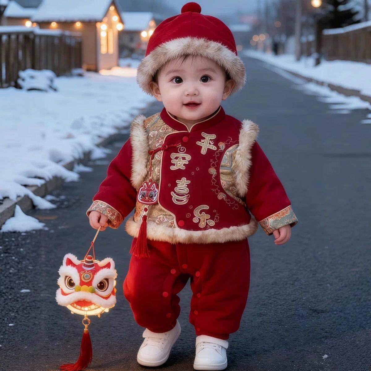 2025新款宝宝衣服冬季加厚连体唐装婴儿百天周岁拜年礼服拜年服