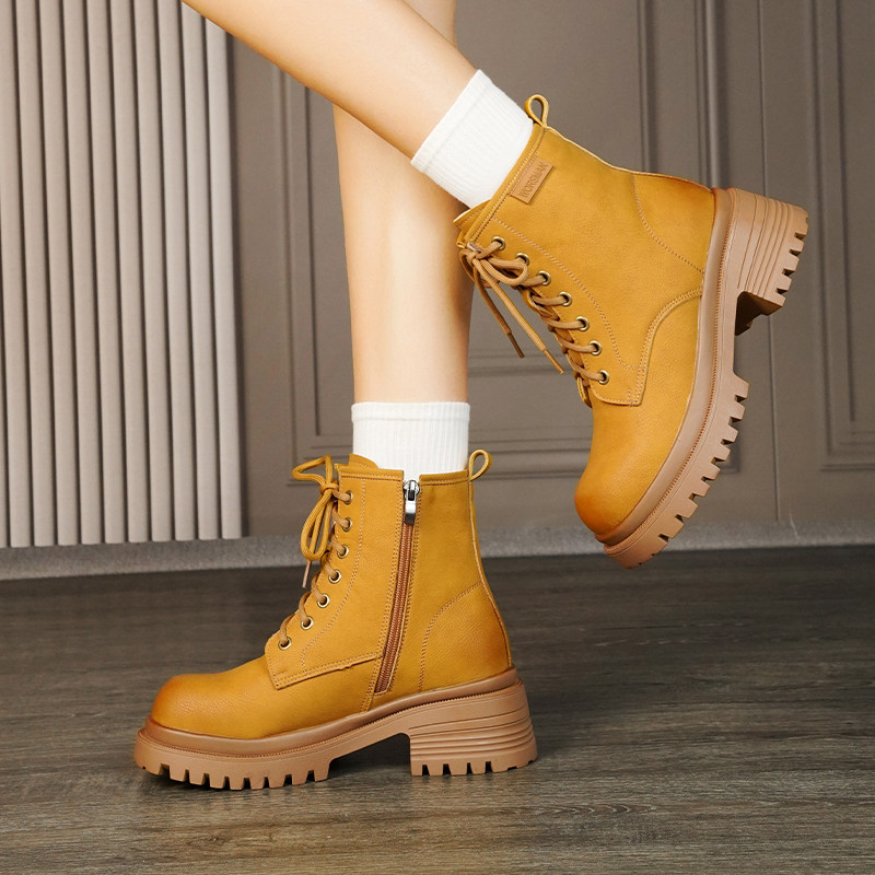 马丁靴女2025冬季新款英伦风真皮毛一体加绒大黄短靴子厚底雪地鞋