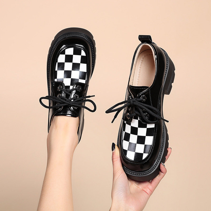吉尔达女鞋春新款厚底英伦风小皮鞋真皮松糕棋盘格乐福鞋系带单鞋