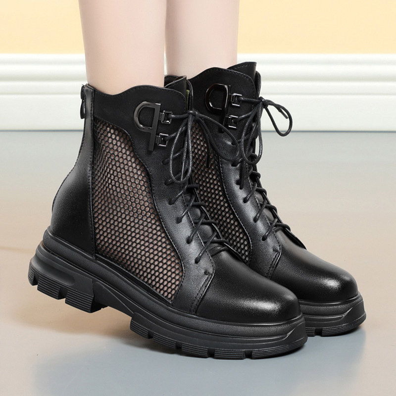 春季新款真皮女短靴马丁靴镂空网纱圆头中跟休闲平底靴子网靴凉靴,女鞋,马丁靴,淘宝优惠券,粉丝福利购,淘宝优惠卷