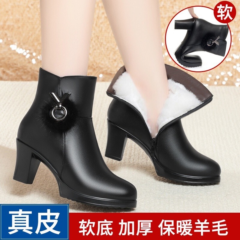 羊毛女短靴真皮高跟棉皮鞋妈妈鞋