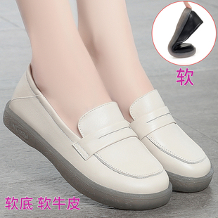 春秋新款真皮单鞋女平底乐福鞋通勤工作鞋软底软皮牛筋底妈妈皮鞋