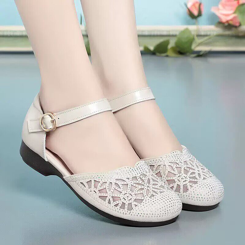 中年妈妈鞋夏季凉鞋包头网纱单鞋女平底中老年软底牛筋底女鞋大码