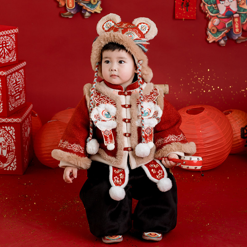 汉服男童冬装25年中国风红色喜庆棉服套装宝宝过年唐装儿童拜年服,童装/婴儿装/亲子装,唐装,淘宝优惠券,粉丝福利购,淘宝优惠卷
