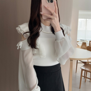 【日本GRL官网代购】珍珠丝带荷叶边露肩上衣[an1521]