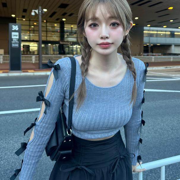 【日本GRL正品代购包邮】现货特价！日系蝴蝶结开衩针织上衣lt32