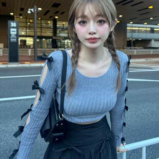 【日本GRL正品代购包邮】日系蝴蝶结臂开衩透明针织上衣[lt32]