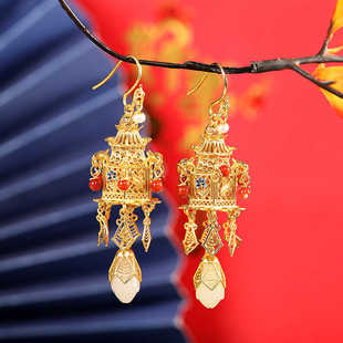 国风花丝宫灯925纯银镀金耳环女流苏楼阁宫廷风耳坠旗袍汉服配饰