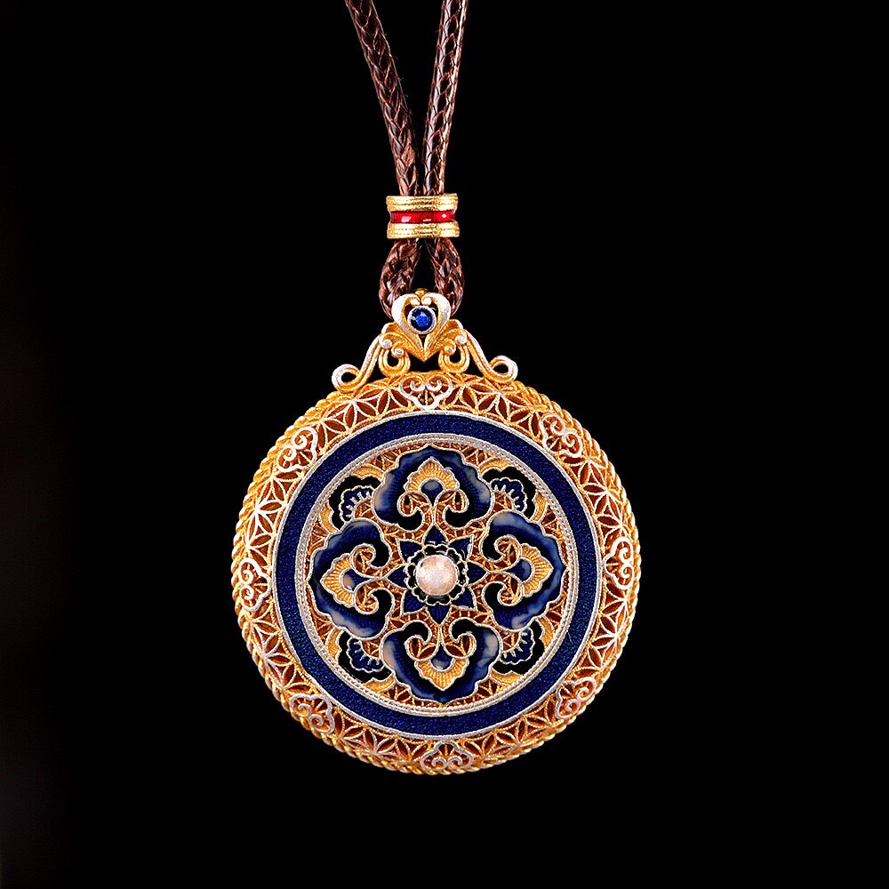 古典优雅足银999描金珐琅项链女纯银镂空花丝吊坠复古国风礼物