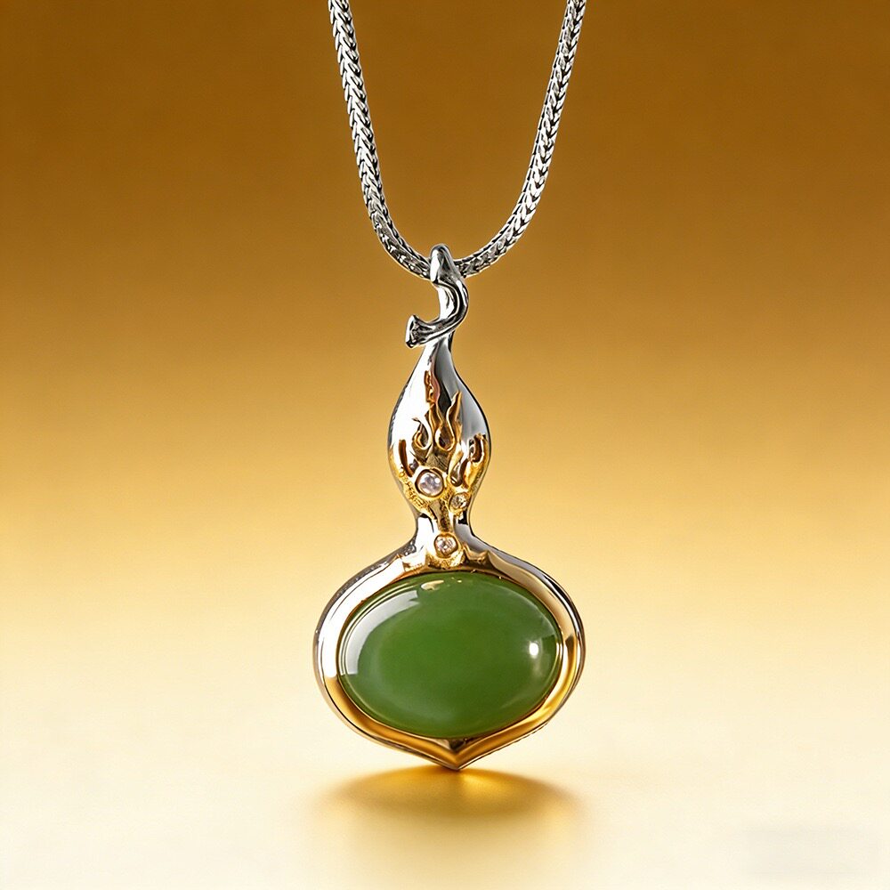 轻奢S925纯银和田碧玉火焰纹吊坠女简约时尚项链气质百搭挂坠礼物