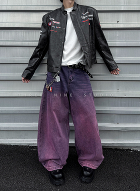 THREENINE 时尚小众水洗渐变冰紫弯刀廓形牛仔裤男宽松直通阔腿裤